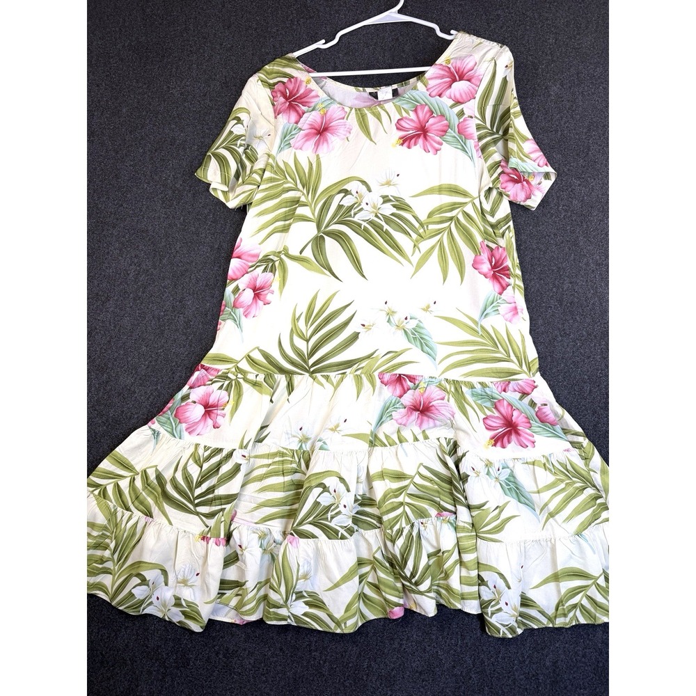 Puanani Hawaiian Dress Women Large Cream Pink Hibiscus Floral Tiered Midi Muumuu